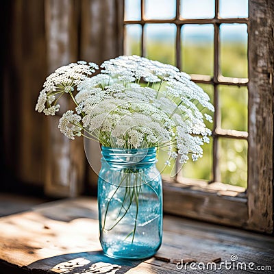 Queen Anne's Lace Bouquet In Turquoise Mason Jar Stock Photo