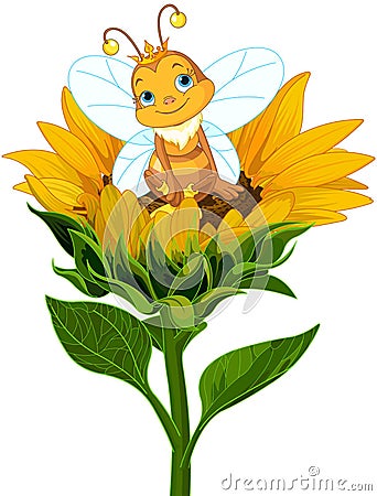 Queen Bee on Sunflower Vector Illustration