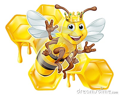 Queen Bumble Bee in Crown Honeycomb Cartoon Vector Illustration