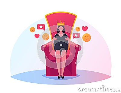 Queen Character with Laptop in Hands Sitting on Throne with Crown on Head. Hype, Viral Info in Social Network, Trends Vector Illustration