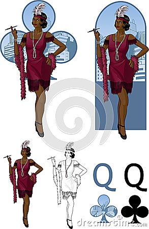 Queen of clubs afroamerican starlet Mafia card set Vector Illustration