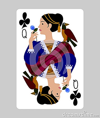 Queen of Clubs playing card in funny flat modern style Vector Illustration