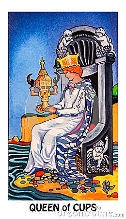 Queen of Cups Tarot Card Emotional, Loving, Happiness, Warm, Tender, Sensitive, Gentle, Caring Stock Photo
