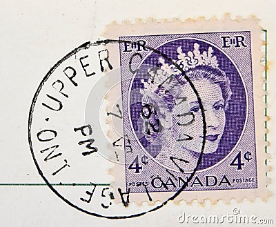 Queen Elizabeth 4 cent stamp Upper Canada Village Ontario Postmark Editorial Stock Photo