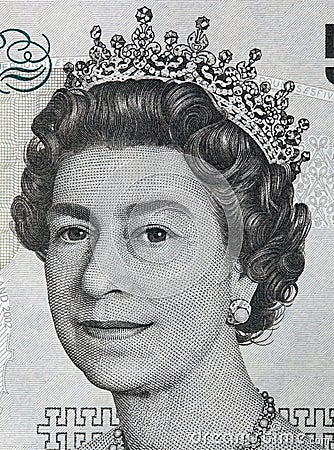 Queen Elizabeth II portrait on 5 pound sterling banknote Editorial Stock Photo