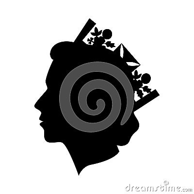 Queen Elizabeth II profile. Her Majesty the Queen side view head. Lady in crown black silhouette. Great Britain monarch simple Vector Illustration