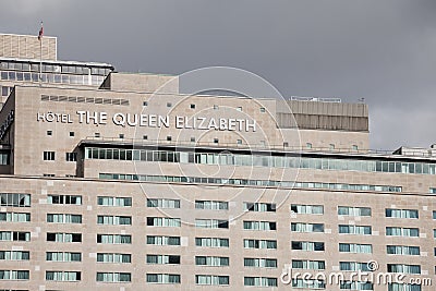 The Queen Elizabeth logo on their building in downtown Montreal, Quebec. Editorial Stock Photo