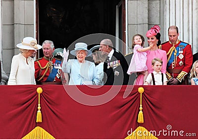 Queen Elizabeth & Royal Family, Buckingham Palace, London June 2017- Trooping the Colour Prince George William, harry, Kate & Char Editorial Stock Photo