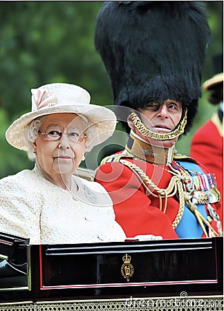 Queen Elizabeth, Trooping the colour, London, UK - June 13 2015: Queen Elizabeth and Prince Phillip appear at Trooping the Colour Editorial Stock Photo