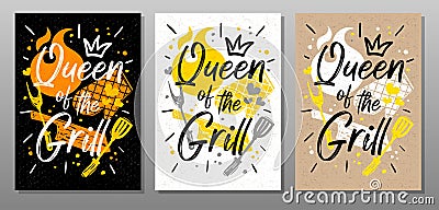 Queen grill quote food poster. Cooking, culinary, kitchen, bbq, barbecue, axe, fork, knife, master chef. Lettering Vector Illustration