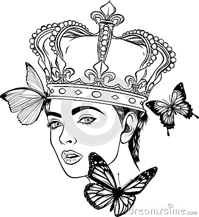 queen head with butterfly monochrome vector illustration isolated on white background. Vector Illustration
