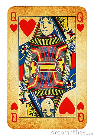 Queen of Hearts Vintage playing card isolated on white Stock Photo