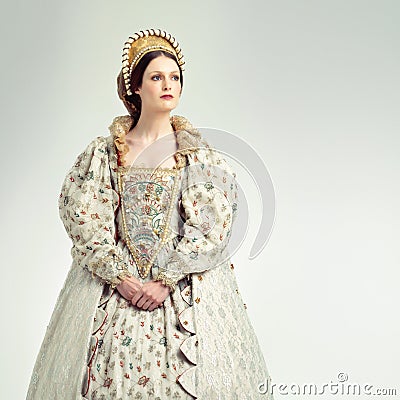 Queen, medieval with renaissance, history and woman with theatre, Shakespeare and drama on white background Stock Photo