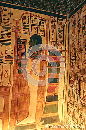 Queen Nefertari tomb in Queens valley in Luxor - Ptah receiving food offering Editorial Stock Photo