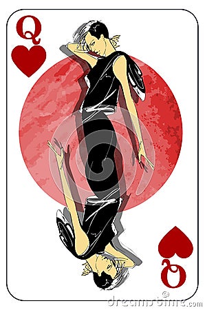 Queen. Playing card with a heart sign. Game queen symbol. Isolated card with a fashionable girl Vector Illustration