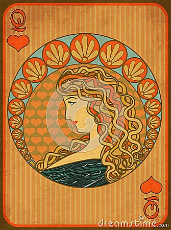 Queen poker hearts card in art nouveau style Vector Illustration
