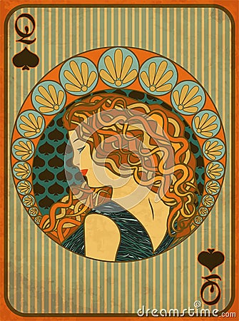 Queen poker spades card in art nouveau style Vector Illustration