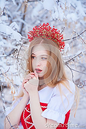 Queen in a red crown among the winter forest. Lovely girl in a Stock Photo