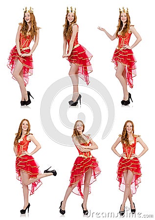 The queen in red dress isolated on white Stock Photo