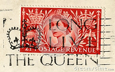 Queen`s Coronation Stamp and `Long Live The Queen` Postmark Editorial Stock Photo