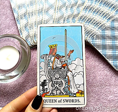 Queen of Swords Tarot Card Honesty Truth Principles Standards Clinical Sterile Reserved Detached Aloof Cool Private Sever Stock Photo