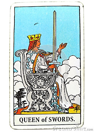 Queen of Swords Tarot Card Honesty Truth Principles Standards Clinical Sterile Reserved Detached Aloof Cool Private Sever Stock Photo