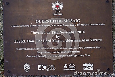Queenhithe Mosaics plaque along the North Bank of the Thames. Editorial Stock Photo