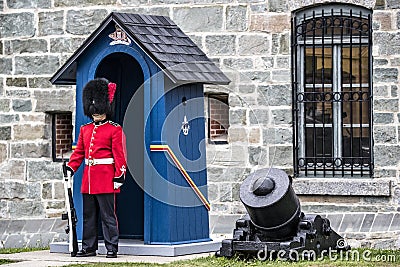 Queens Guard standing at attention at Citadel in Quebec City, Canada Editorial Stock Photo