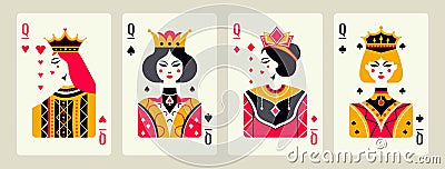 Queens of hearts, diamonds, clubs, spades cartoon style. Abstract modern posters template, poker concept. Vector flat Vector Illustration