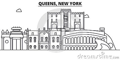 Queens, New York architecture line skyline illustration. Linear vector cityscape with famous landmarks, city sights Vector Illustration