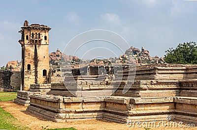 Queens Palace platform with watchtower at Zanana Enclosure, Hampi, Karnataka, India Stock Photo