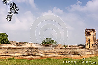 Queens Palace platform with watchtower at Zanana Enclosure, Hampi, Karnataka, India Stock Photo