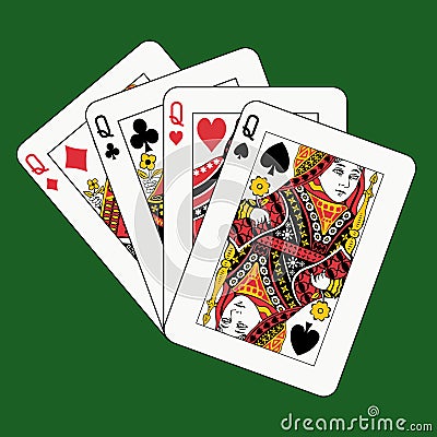 Queens poker on green Vector Illustration