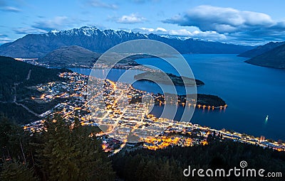 The spectacular view of Queenstown, New Zealand at night. Stock Photo