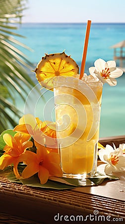 Quenching summer thirst: vibrant fruity drinks on ice, a refreshing blend of citrus, tropical flavors, and coolness for Stock Photo