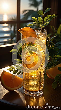 Quenching summer thirst: vibrant fruity drinks on ice, a refreshing blend of citrus, tropical flavors, and coolness for Stock Photo