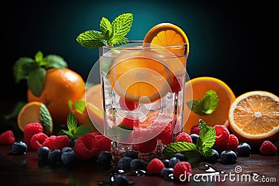 Quenching summer thirst: vibrant fruity drinks on ice, a refreshing blend of citrus, tropical flavors, and coolness for Stock Photo