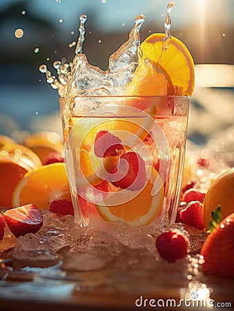 Quenching summer thirst: vibrant fruity drinks on ice, a refreshing blend of citrus, tropical flavors, and coolness for Stock Photo