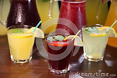 Quenching thirst and refreshing drinks. Cold lemonades. Lemonade. Morse. Compote. Stock Photo