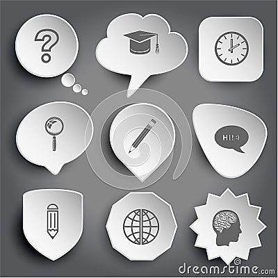 query sign, graduation cap, clock, magnifying glass, pencil, chat symbol, globe, human brain. Vector Illustration