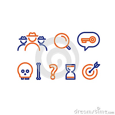 Quest game concept line icons, deduction and logic riddle Vector Illustration