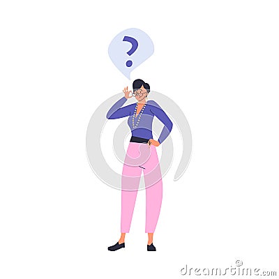 Question gesture emotion vector illustration, wondered woman in glasses thinking, doubting character isolated on white Vector Illustration