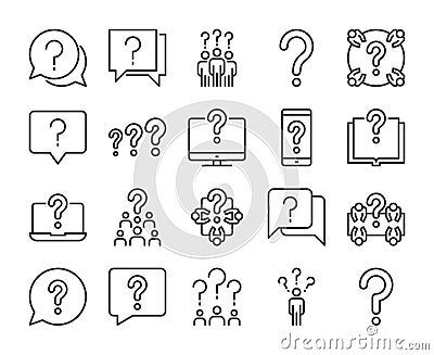 Question icon. Searching of answers to questions line icons set. Editable stroke. Vector Illustration