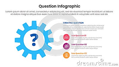 question infographic template banner with big gear and stack point list description with 3 points for slide presentation Stock Photo