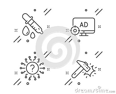 Question mark, Chemistry pipette and Seo adblock icons set. Hammer blow sign. Vector Vector Illustration