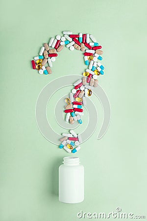 Question mark from Colorful medicines. Pills, tablets capsules. Medical concept How to choose a pharmaceutical product Stock Photo