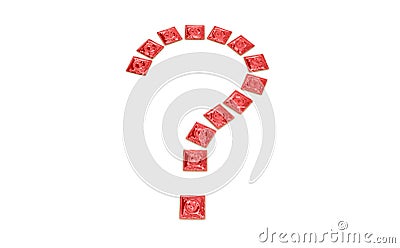 Question mark with condom packages. Unbranded condom pack. Brandless pack. 3D rendering. 3D Stock Photo