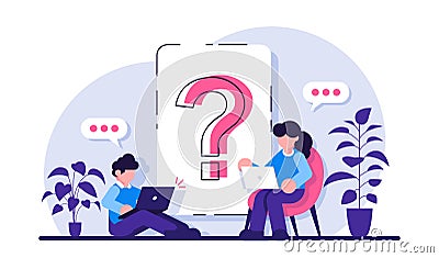 Question mark on document. Business woman and man asking questions around a huge question mark on paper. Modern flat Vector Illustration