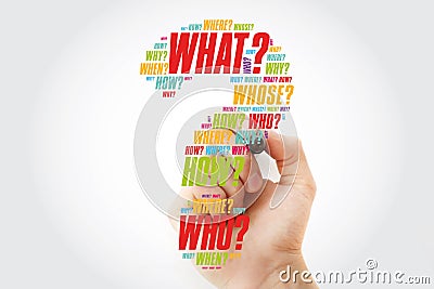 Question mark - Hand writing Questions whose answers are considered basic in information gathering or problem solving, word cloud Stock Photo