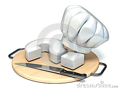 Question mark, kitchen board, chef`s hat and knife 3D Cartoon Illustration